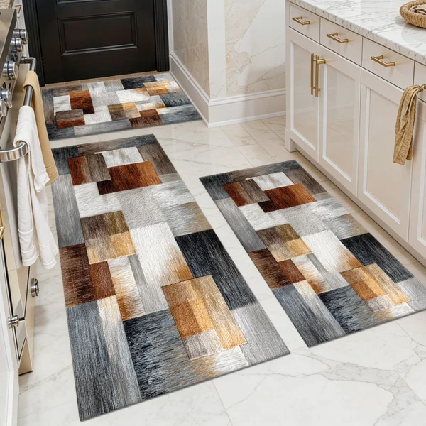 Three-piece kitchen rug set, non-slip and washable, abstract pattern kitchen hallway rug, soft and comfortable, suitable for sinks, floors, entrances, hallways and bathrooms.