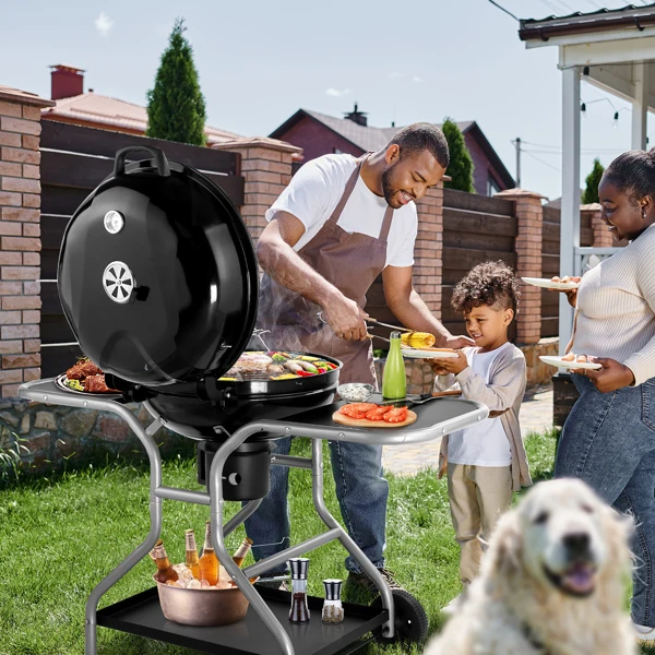 Kettle Charcoal Grill with 2 Side Tables, Storage Shelf, Upgraded Ash Catcher, Thermometer, Air Vents, Outdoor Cooking Barbecue Grill with Wheels view 5