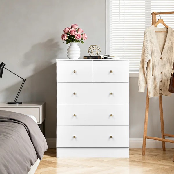 25.98"*15.75"*35.83"(L*W*H) 4-Tier 5-Drawer Cabinet Drawer Dresser with Gold Handles White