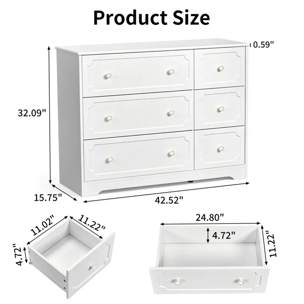 Left 3 Large Drawers + Right 3 Small Drawers MDF Painted Drawer Cabinet 42.52*15.75*32.28in White view 5