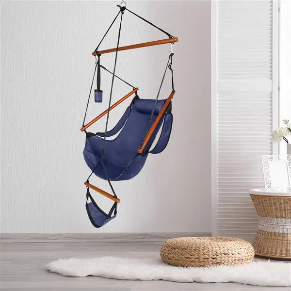 Oxford Cloth Hardwood With Cup Holder Wooden Stick Perforated 100kg Seaside Courtyard Oxford Cloth Hanging Chair Blue view 5