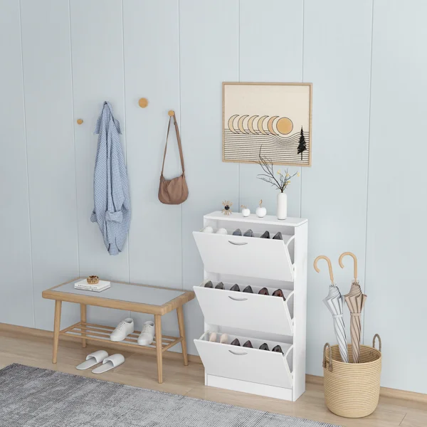 Shoe Cabinet for Entryway, White Narrow Shoe Storage Cabinet Flip Down Shoe Rack Wood 3 Tier Shoe Organizer for Home and Apartment view 2
