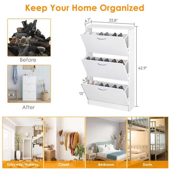 Shoe Cabinet for Entryway, White Narrow Shoe Storage Cabinet Flip Down Shoe Rack Wood 3 Tier Shoe Organizer for Home and Apartment view 3