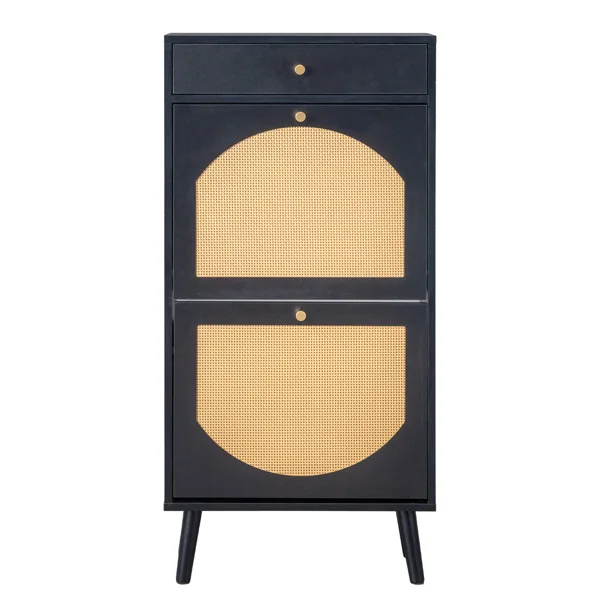 Rattan-front shoe cabinet with 1 drawer and 2 flip-down compartments, particleboard, 54*24*110cm, black view 2