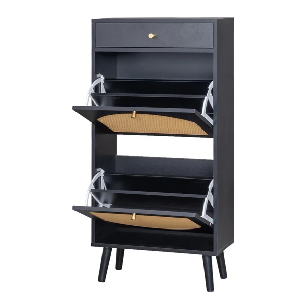 Rattan-front shoe cabinet with 1 drawer and 2 flip-down compartments, particleboard, 54*24*110cm, black view 3