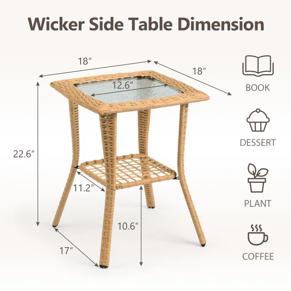 Outdoor Wicker Side Table, Rattan End Table with Glass Top, Patio Coffee Bistro Table for Indoor Garden Porch Balcony, Beige view 2