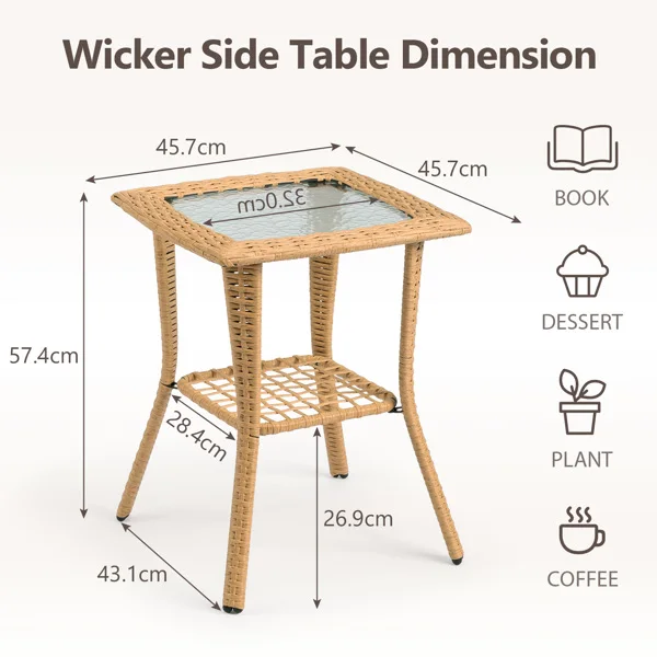 Outdoor Wicker Side Table, Rattan End Table with Glass Top, Patio Coffee Bistro Table for Indoor Garden Porch Balcony, Beige view 3