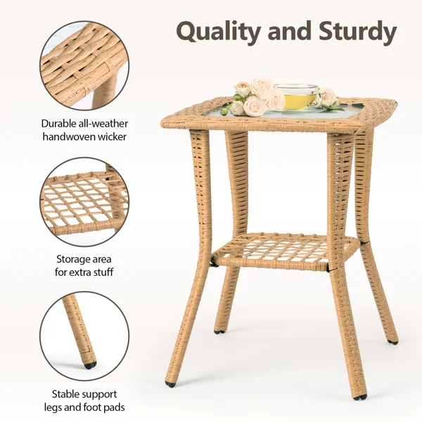 Outdoor Wicker Side Table, Rattan End Table with Glass Top, Patio Coffee Bistro Table for Indoor Garden Porch Balcony, Beige view 4