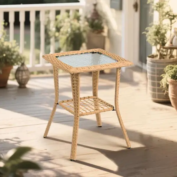 Outdoor Wicker Side Table, Rattan End Table with Glass Top, Patio Coffee Bistro Table for Indoor Garden Porch Balcony, Beige view 5