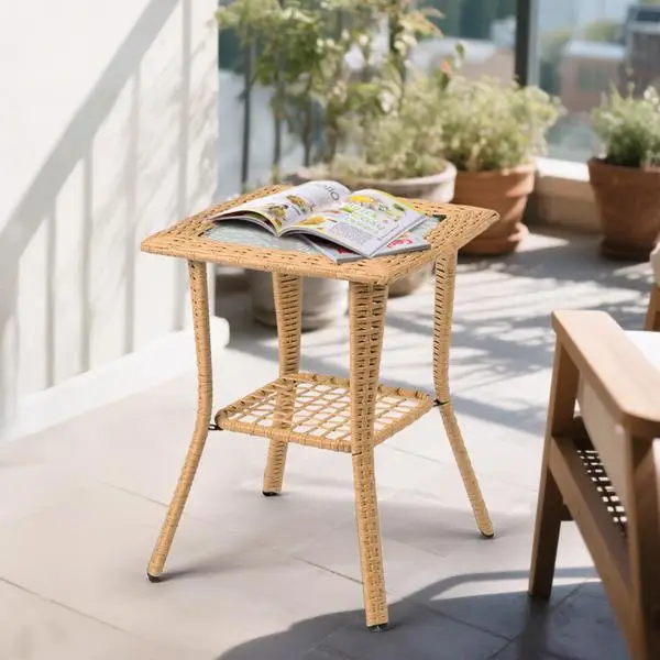 Outdoor Wicker Side Table, Rattan End Table with Glass Top, Patio Coffee Bistro Table for Indoor Garden Porch Balcony, Beige view 6