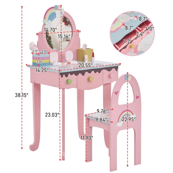 Kids Vanity Table and Chair Set with 7pcs Pretend Play Makeup Toys, Girls Vanity with Mirror & Stool, 3 Drawers & Tabletop Storage, Princess Table for Toddlers, Pink view 3