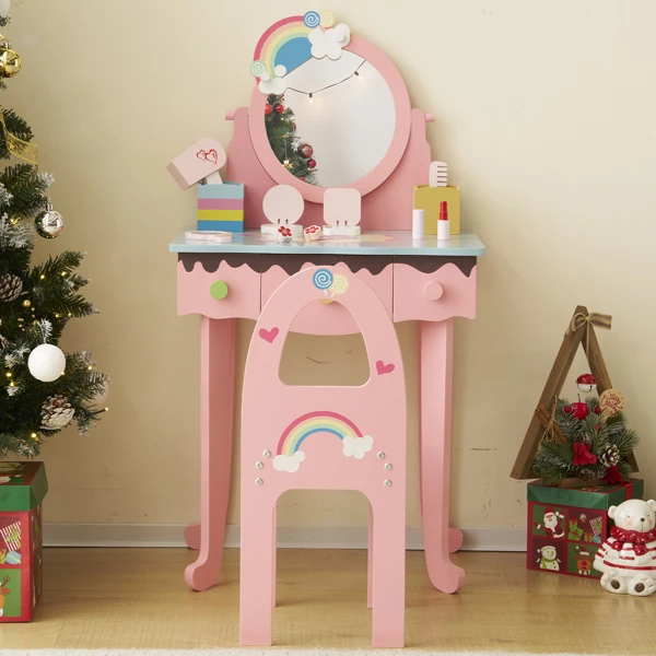 Kids Vanity Table and Chair Set with 7pcs Pretend Play Makeup Toys, Girls Vanity with Mirror & Stool, 3 Drawers & Tabletop Storage, Princess Table for Toddlers, Pink view 4