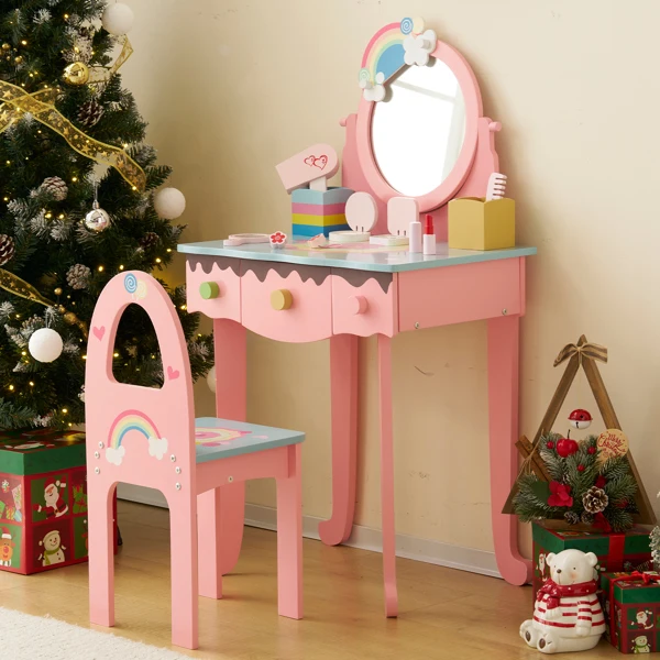 Kids Vanity Table and Chair Set with 7pcs Pretend Play Makeup Toys, Girls Vanity with Mirror & Stool, 3 Drawers & Tabletop Storage, Princess Table for Toddlers, Pink view 5