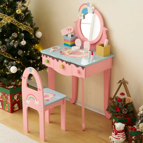 Kids Vanity Table and Chair Set with 7pcs Pretend Play Makeup Toys, Girls Vanity with Mirror & Stool, 3 Drawers & Tabletop Storage, Princess Table for Toddlers, Pink view 6