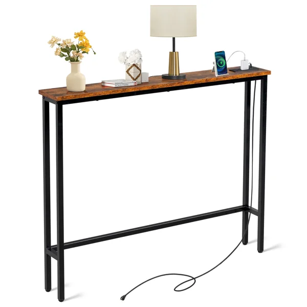 39.4" Narrow Console Sofa Table with Power Outlets and USB Ports, Skinny Couch Table with Metal Frame and Charge Station with 4.9ft Extension Cord, Rustic Brown