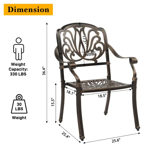 Set of 2 Cast Aluminum Patio Dining Chairs, Stackable Outdoor Bistro Chairs with Armrests for Balcony Backyard Garden Deck, Antique Bronze (Without Cushions) view 3
