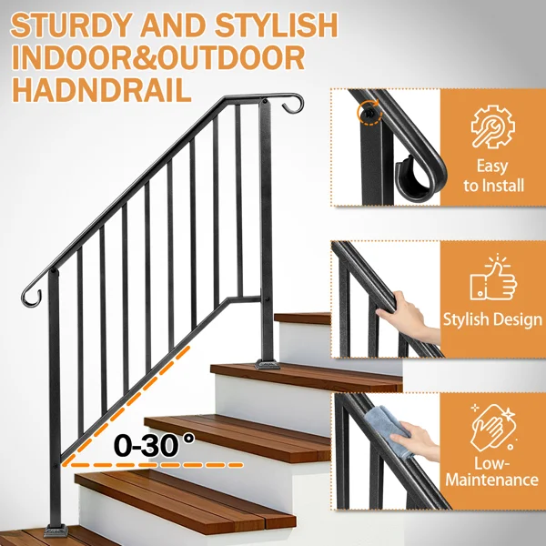 Matte Black Outdoor 3 Level Iron Handrail view 6