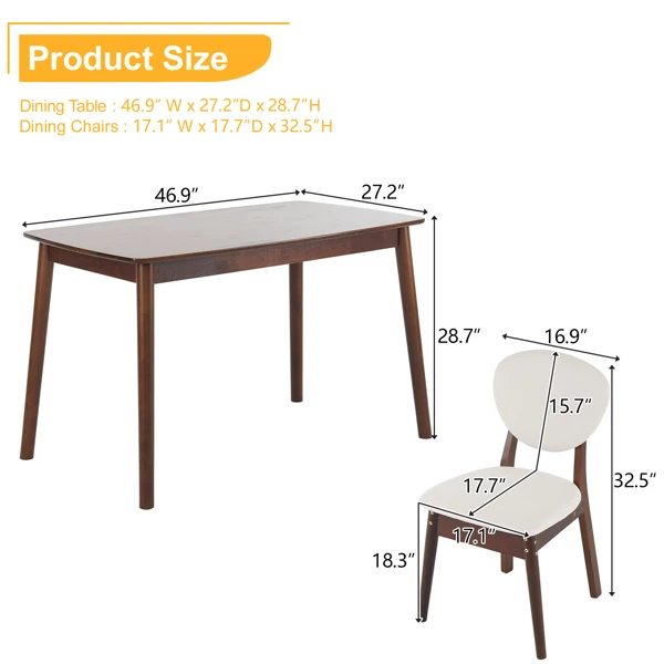 Rubber wood soft bag deep walnut dining table and chair set 1 table 4 chairs beige cushion rectangular view 2