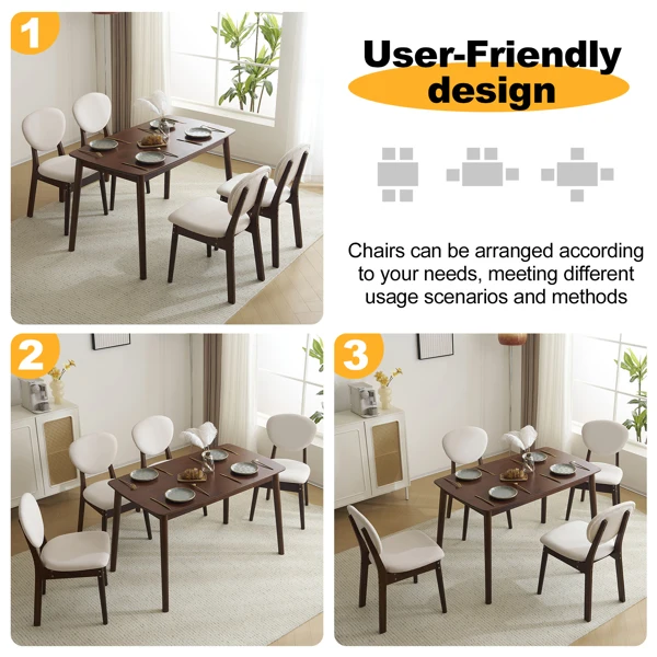 Rubber wood soft bag deep walnut dining table and chair set 1 table 4 chairs beige cushion rectangular view 5