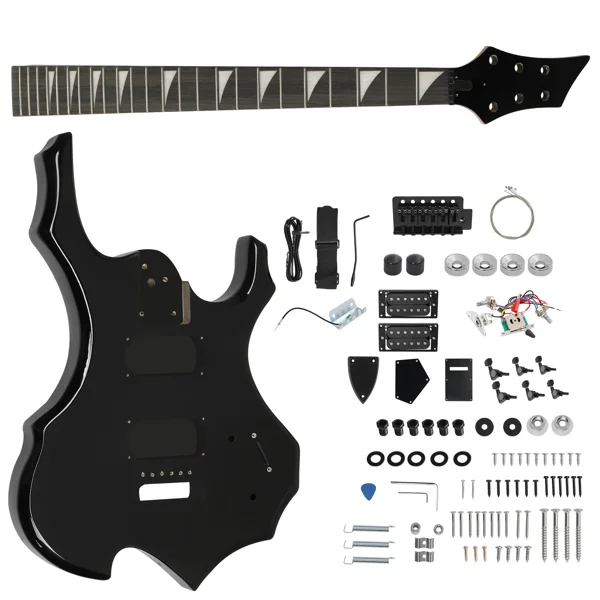 DIY 6 String Flame Shaped Style HSH Electric Guitar Kits with Mahogany Body, Maple Neck and Accessories Black