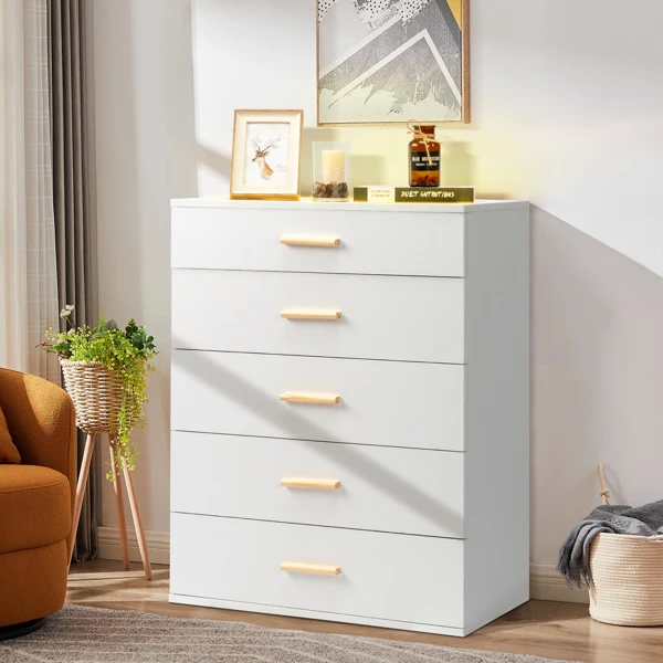 Particleboard Wood Three Drawers With LED Light Bedside Table Dresser Nightstand White view 2