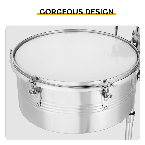 Percussion 13" & 14" Timbales Drum Set with Stand and Cowbell Silver view 6