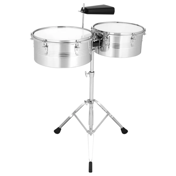 Percussion 13" & 14" Timbales Drum Set with Stand and Cowbell Silver