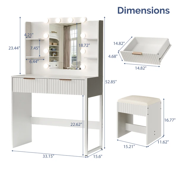 White particleboard with a melamine finish, 2 drawers, 4 shelves, a dressing table set with 10 three-tone light bulbs, a power strip, and a grille. view 5