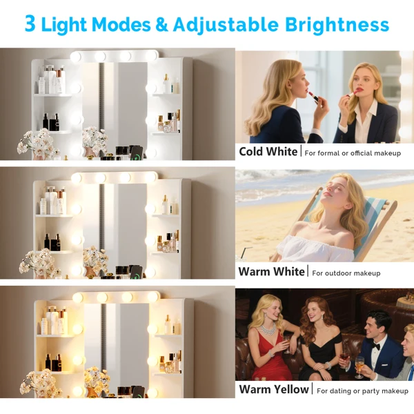 White particleboard with a melamine finish, 2 drawers, 4 shelves, a dressing table set with 10 three-tone light bulbs, a power strip, and a grille. view 6