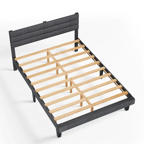 Dark Gray Queen Size Tufted Platform Bed Frame - Linen-Like Upholstery, Horizontal Stripe Headboard view 2
