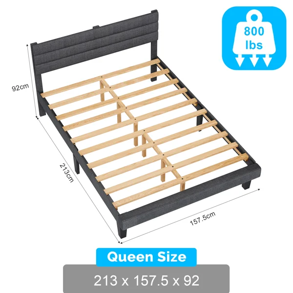 Dark Gray Queen Size Tufted Platform Bed Frame - Linen-Like Upholstery, Horizontal Stripe Headboard view 3