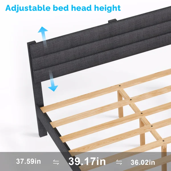 Dark Gray Queen Size Tufted Platform Bed Frame - Linen-Like Upholstery, Horizontal Stripe Headboard view 6