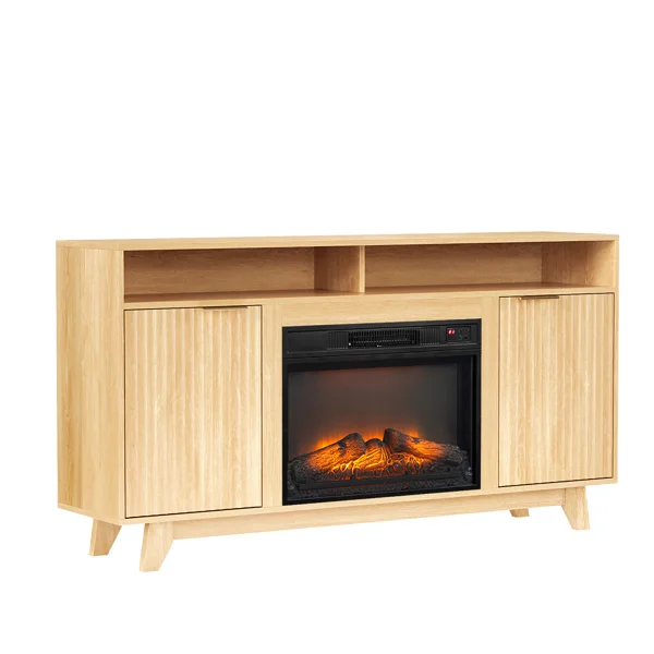 Oak Fireplace TV Stand with 23 Inch Insert, Double Grid Doors, Gold Handles & 2 Shelves, Media Console 58 x 13.6 x 32 Inch view 2