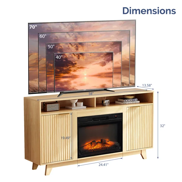 Oak Fireplace TV Stand with 23 Inch Insert, Double Grid Doors, Gold Handles & 2 Shelves, Media Console 58 x 13.6 x 32 Inch view 3