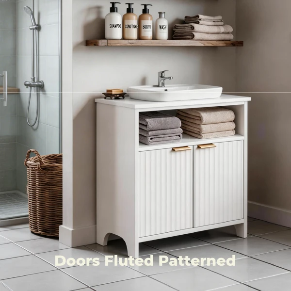 White particleboard with melamine veneer, grille thermoformed, two-door, one-shelf bathroom vanity unit, 60*30*60cm view 2
