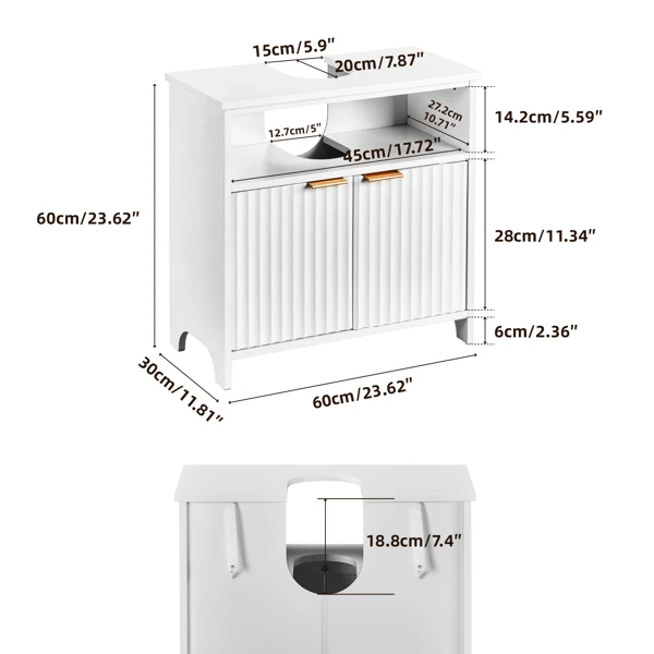 White particleboard with melamine veneer, grille thermoformed, two-door, one-shelf bathroom vanity unit, 60*30*60cm view 3