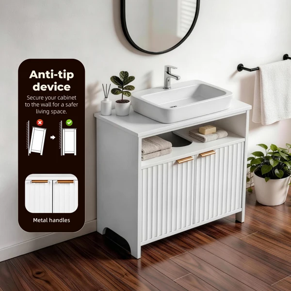 White particleboard with melamine veneer, grille thermoformed, two-door, one-shelf bathroom vanity unit, 60*30*60cm view 5