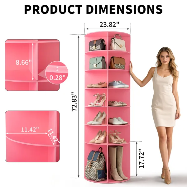 7-tier, 360° rotating wood-plastic composite shoe rack, 60*60*184cm, pink view 3