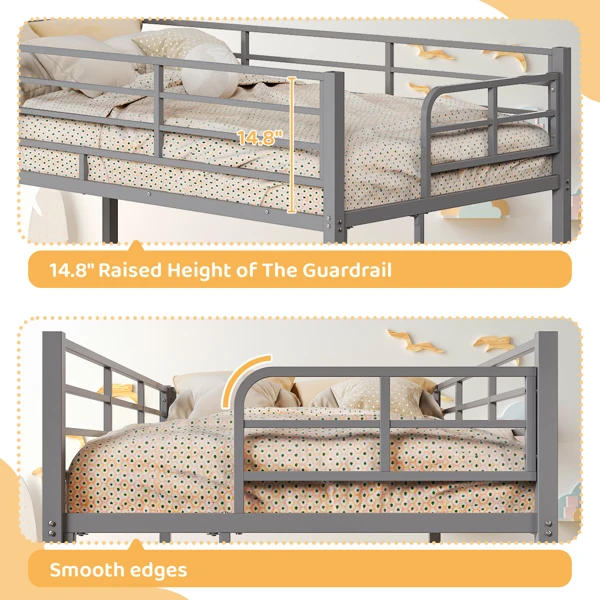 Grey Twin Bunk Bed Square Tube High Guardrail Side Ladder Opening Iron Bed view 6