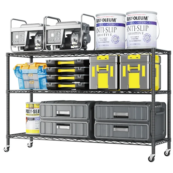 3-tier, adjustable shelf spacing, with adjustable feet and wheels, iron display stand, 117*45*104cm, powder-coated black view 3