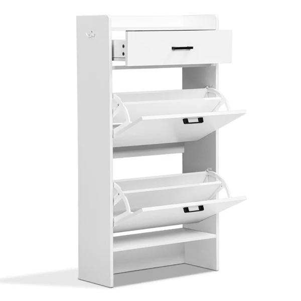 2-tier shoe cabinet with top flip-up lid and drawer, padded shoe changing bench, 1 hook, particleboard, 100*25*117cm, white view 2