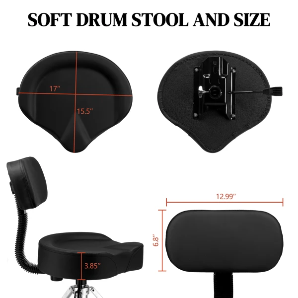 Drum Throne with Backrest, Hydraulic Drum Stool Adjustable Height, Heavy Duty Hydraulic Drum Seat Saddle Design for Drummers Black view 3