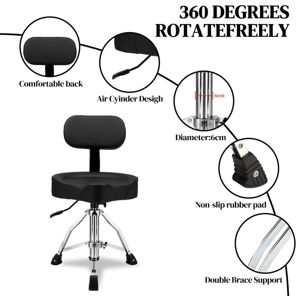 Drum Throne with Backrest, Hydraulic Drum Stool Adjustable Height, Heavy Duty Hydraulic Drum Seat Saddle Design for Drummers Black view 5