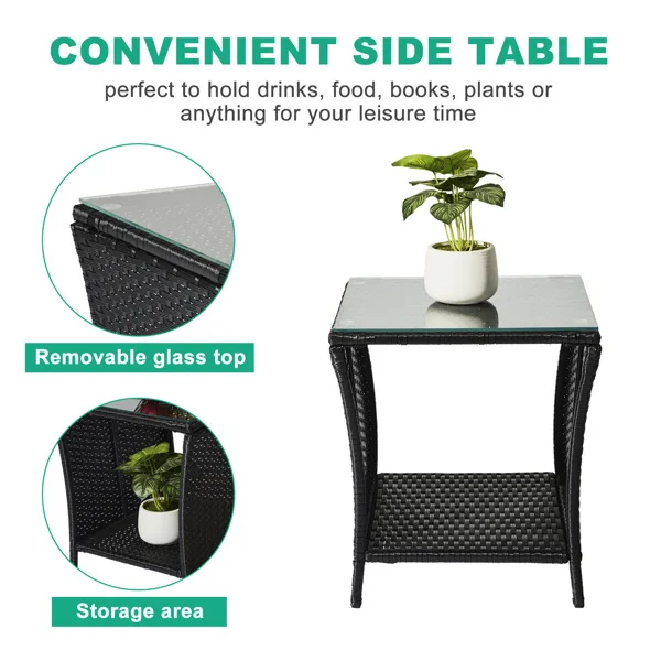 Outdoor Patio Wicker Side Table, Square End Table Bistro Coffee Table with Glass Top Storage Shelf for Porch Garden Backyard Black view 2