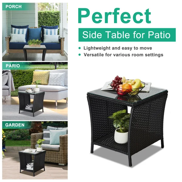 Outdoor Patio Wicker Side Table, Square End Table Bistro Coffee Table with Glass Top Storage Shelf for Porch Garden Backyard Black view 4