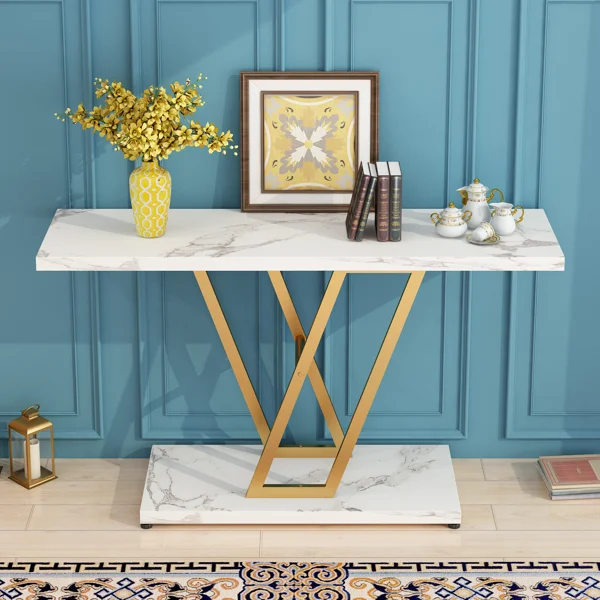 Console Table, Industrial Hallway Table for Entryway, 42 Inch Entryway Tables Narrow Sofa Table for Living Room, Stable Metal Frame & Easy Assemble,Gold/White Color