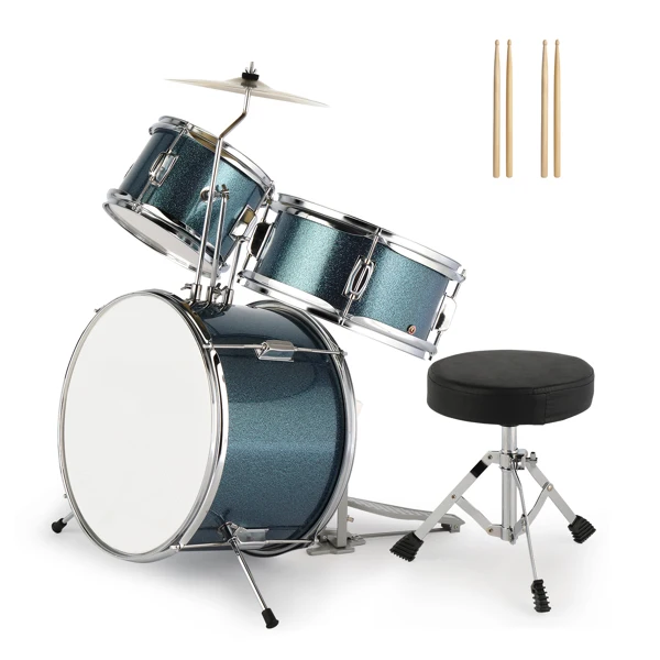 14"x10" 3-Pieces Junior Kids Drum Set Kit Pedal Drum Stick Wrench Drum Stool Sky Blue view 4