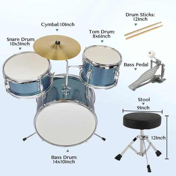 14"x10" 3-Pieces Junior Kids Drum Set Kit Pedal Drum Stick Wrench Drum Stool Sky Blue view 6