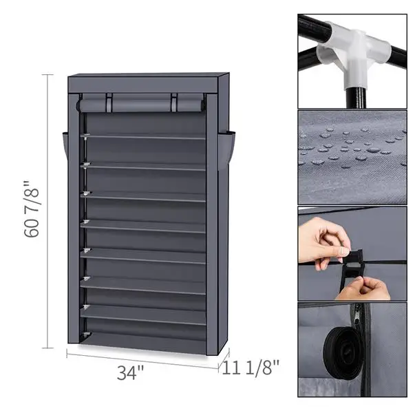 10 Tiers Shoe Rack with Dustproof Cover Closet Shoe Storage Cabinet Organizer Gray view 5