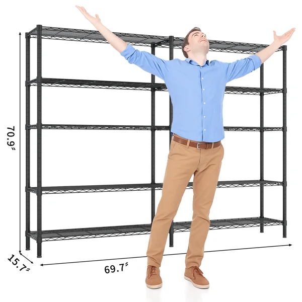 5-layer double row, freely adjustable layer spacing, with adjustable feet, display stand, iron, 177*40*180cm, powder-coated black view 6